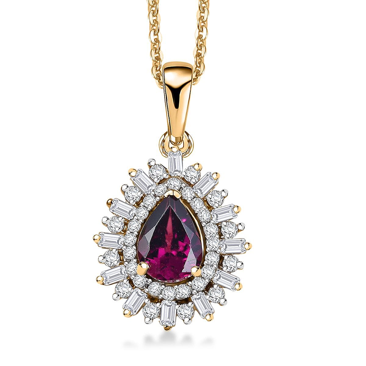 D'Joy AAA Radiant Ember Garnet, White Zircon 1.60 ctw Pendant Necklace in 18K Vermeil Yellow Gold Over Sterling Silver 20 Inches