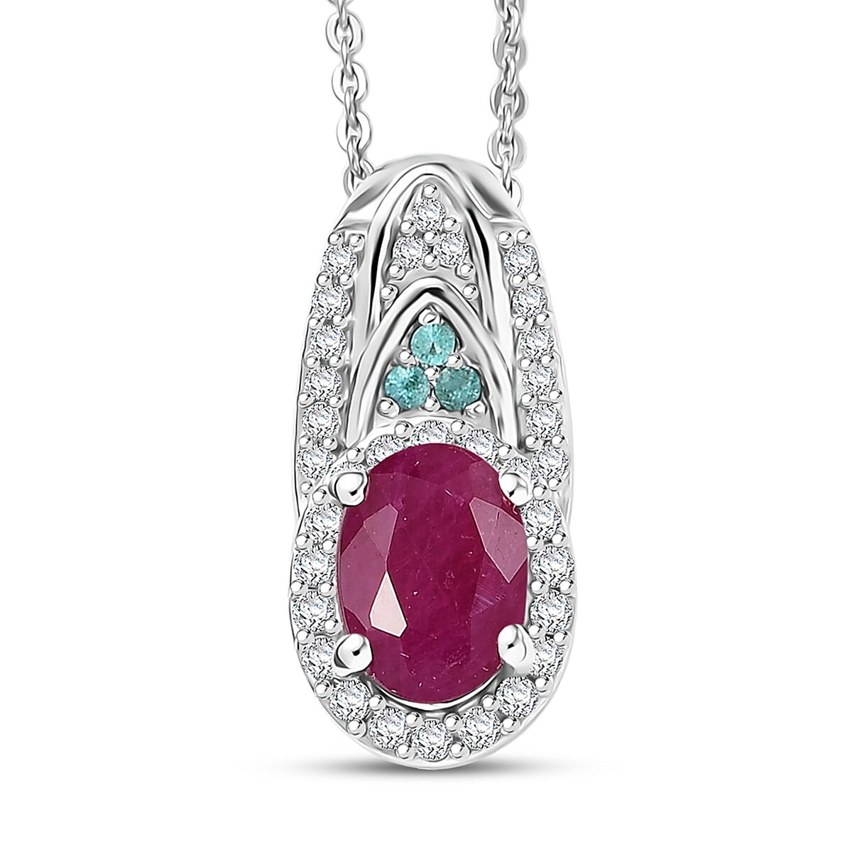 D'Joy Premium Montepuez Ruby, Paraiba Tourmaline and Diamond 1.50 ctw Aquaflame Pendant Necklace in Rhodium Over Sterling Silver 20 Inches