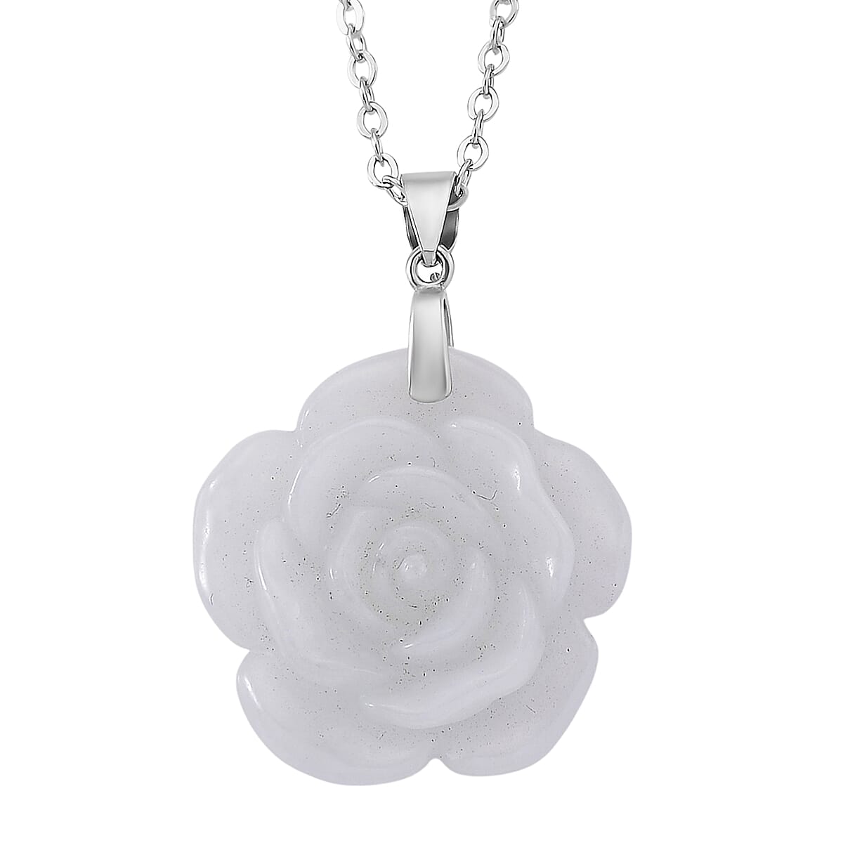 Natural Jade 25.00 ctw Carved Flower Pendant Necklace in Rhodium Over Sterling Silver (20 Inches)