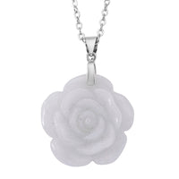 Natural Jade 25.00 ctw Carved Flower Pendant Necklace in Rhodium Over Sterling Silver (20 Inches)