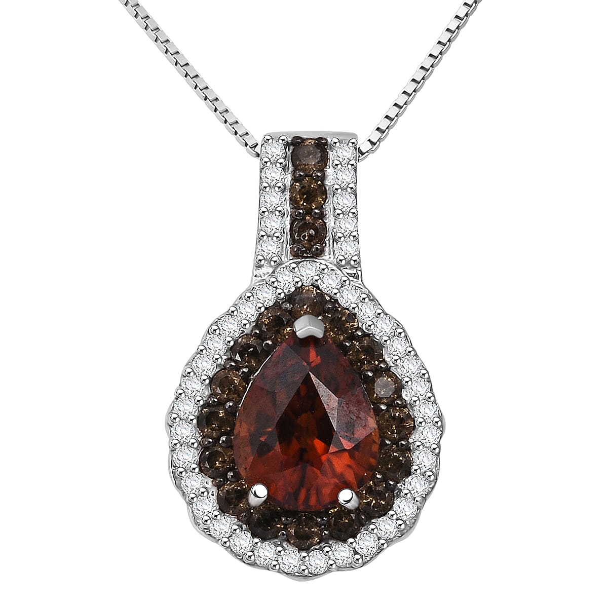 D'Joy Premium Red Zircon, Chocolate Zircon and White Zircon 3.00 ctw Flame Crest Pendant Necklace in Rhodium Over Sterling Silver 20 Inches
