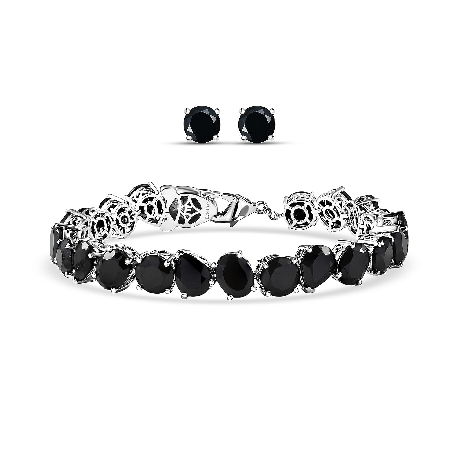 EverTrue 2 Piece Set Thai Black Spinel 48.50 ctw Panther Bracelet (7.25In) and Stud Earrings Platinum Bond