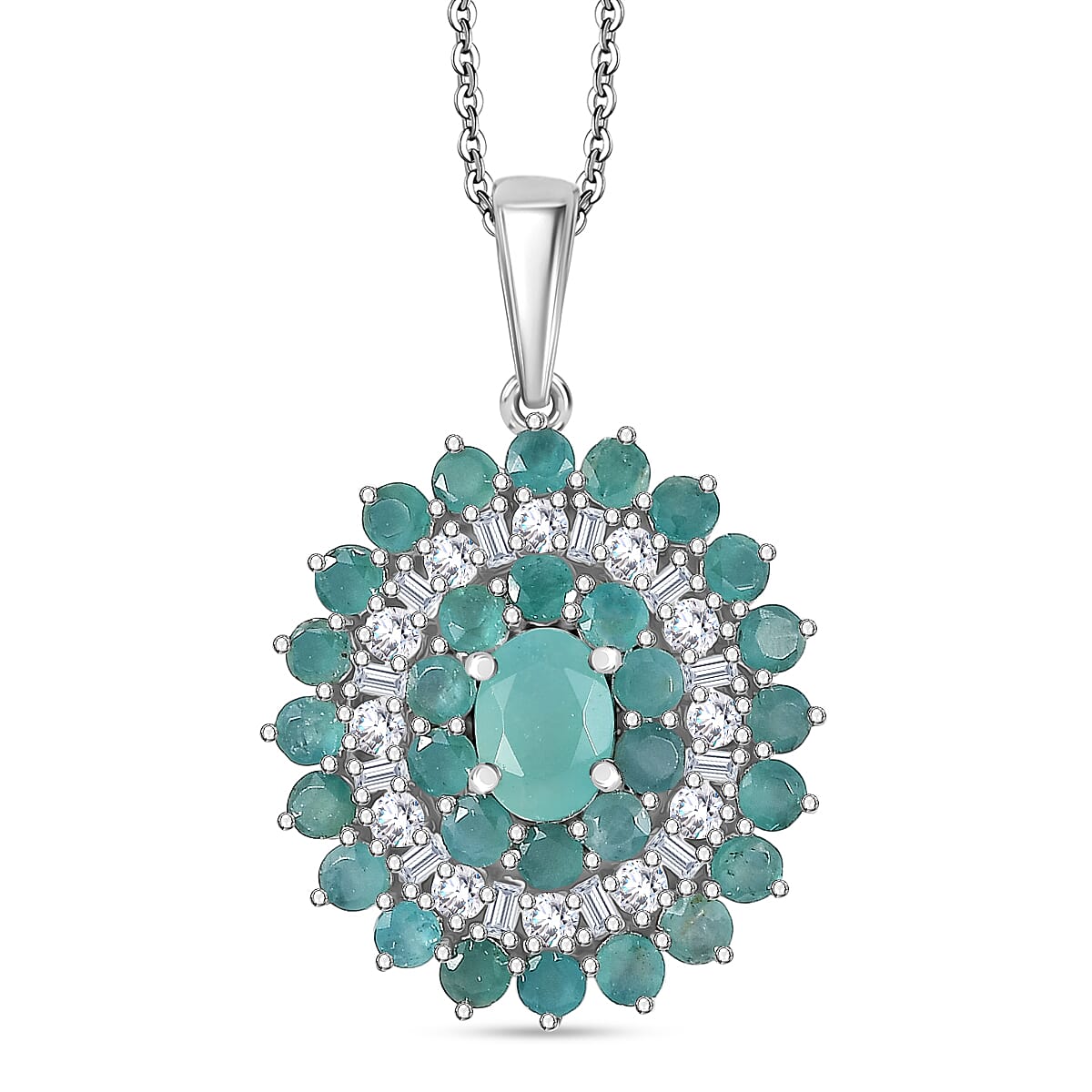 D'Joy Premium Grandidierite and Moissanite 3.90 ctw Celestial Bloom Pendant Necklace in Rhodium Over Sterling Silver 20 Inches
