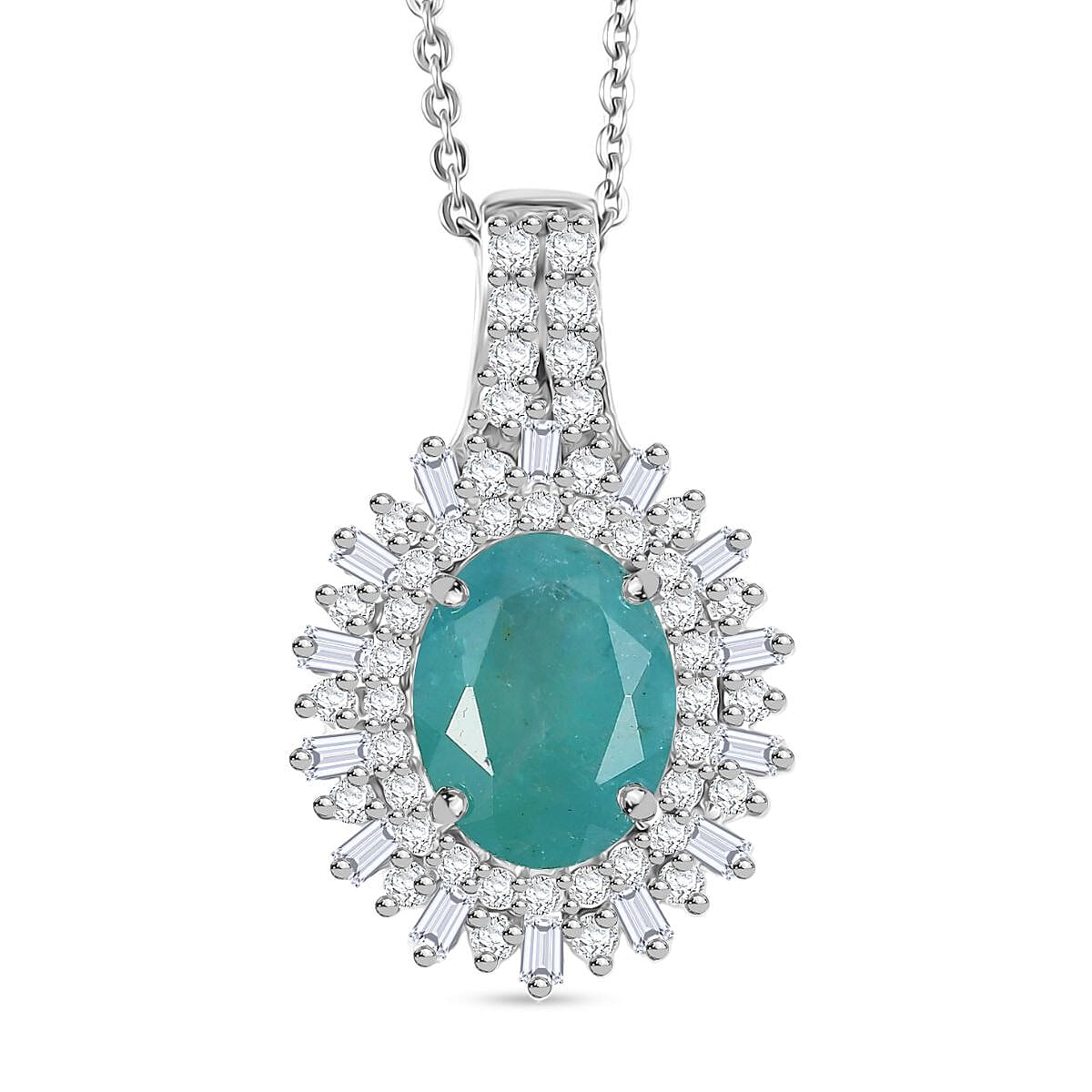 D'Joy Premium Grandidierite and Moissanite 2.40 ctw Sunburst Halo Pendant Necklace in Rhodium Over Sterling Silver 20 Inches