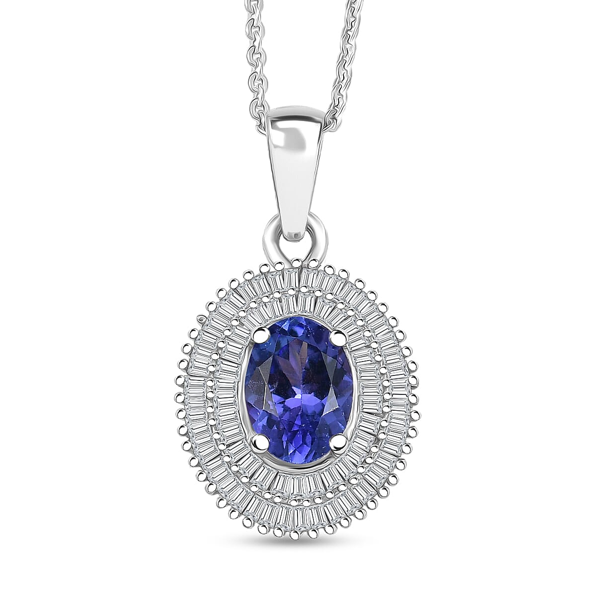 D'Joy AAA Tanzanite, Diamond Halo Pendant Necklace in Rhodium Over Sterling Silver 1.40 ctw (20 Inches)