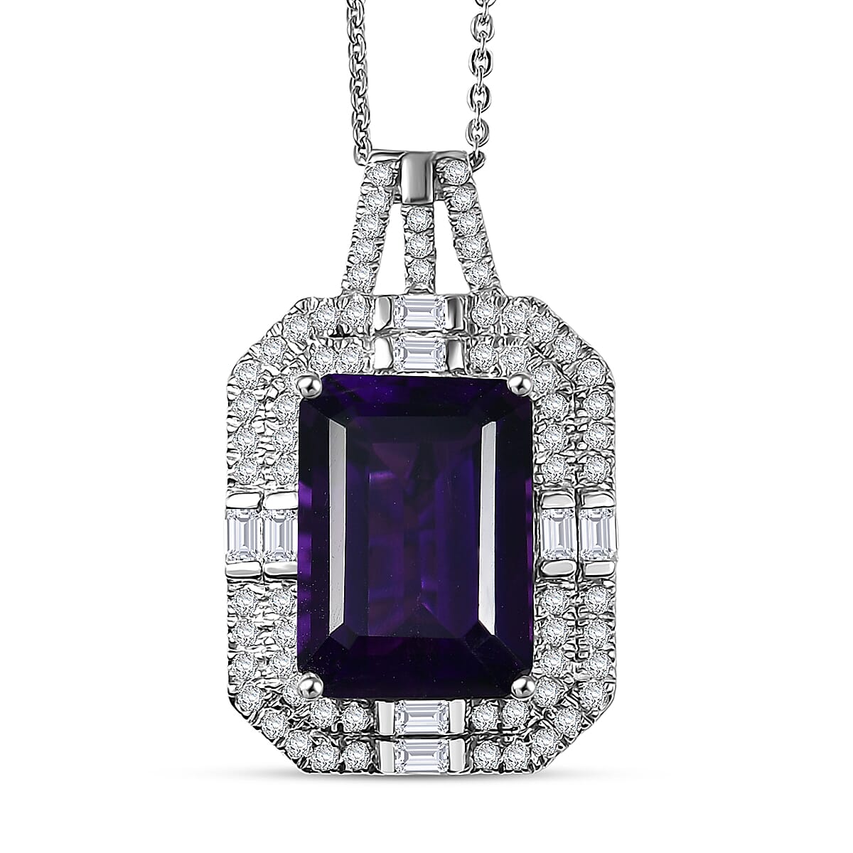 Doorbuster D'Joy AAA Lusaka Amethyst, Moissanite Crowned Oracle Pendant Necklace (20 Inches) in Rhodium Over Sterling Silver 8.45 ctw