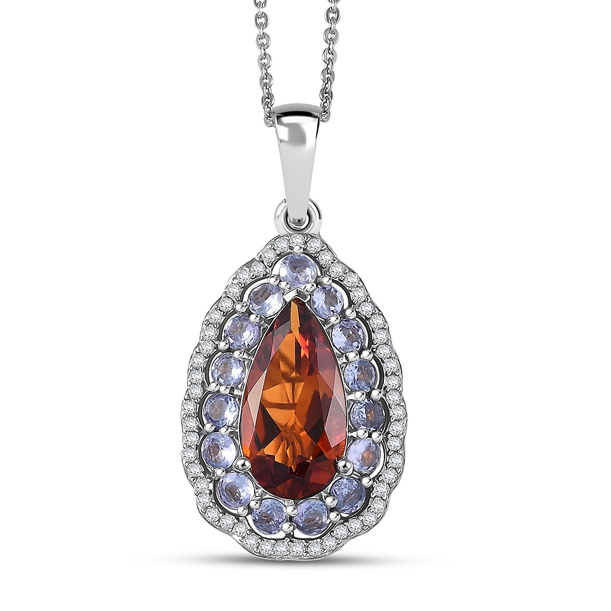 D'Joy Premium Red Citrine and Multi Gemstone 4.00 ctw Twilight Flame Pendant Necklace in Rhodium Over Sterling Silver 20 Inches