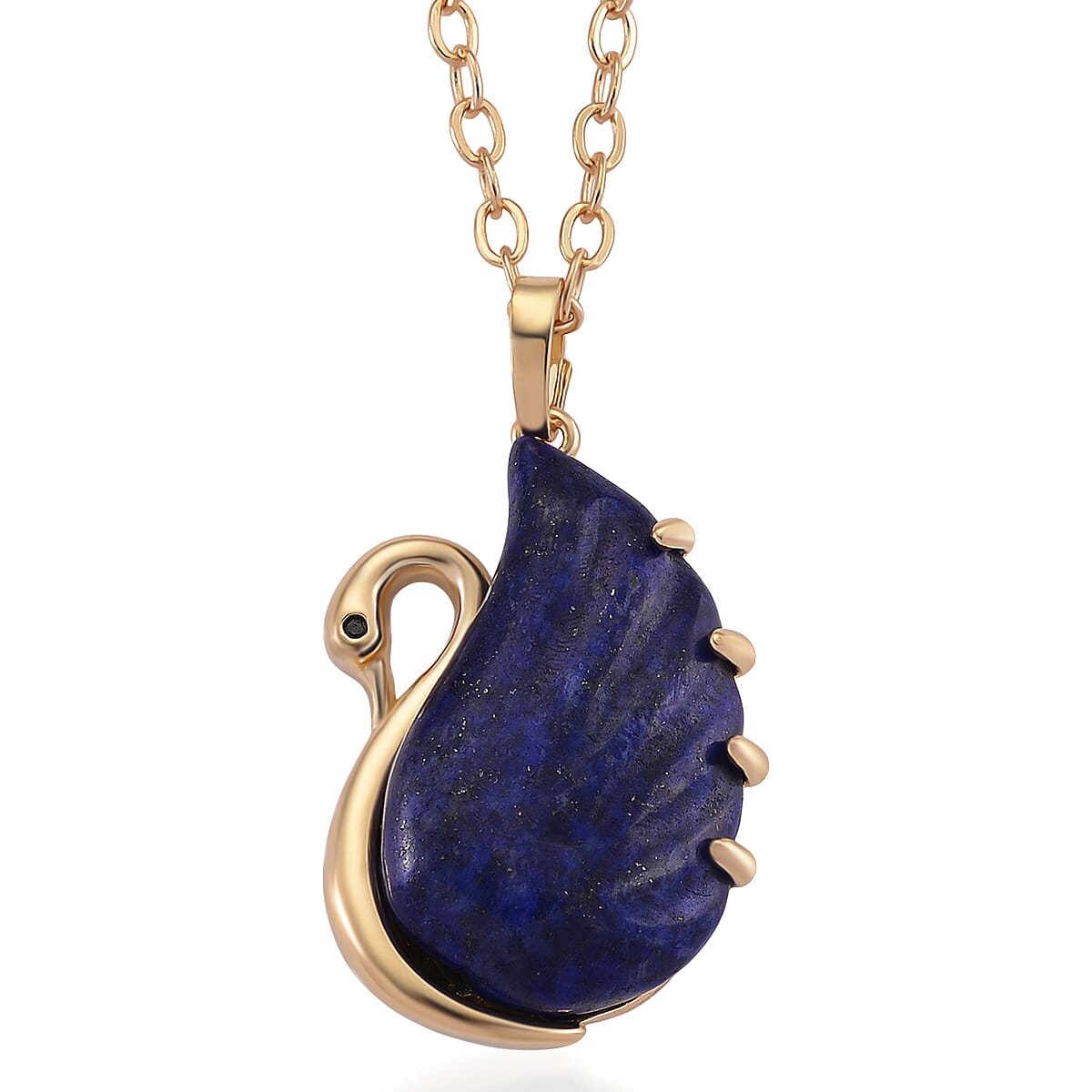 Lapis Lazuli, Simulated Black Diamond Carved Swan Pendant Necklace (20 Inches) in Goldtone 25.00 ctw