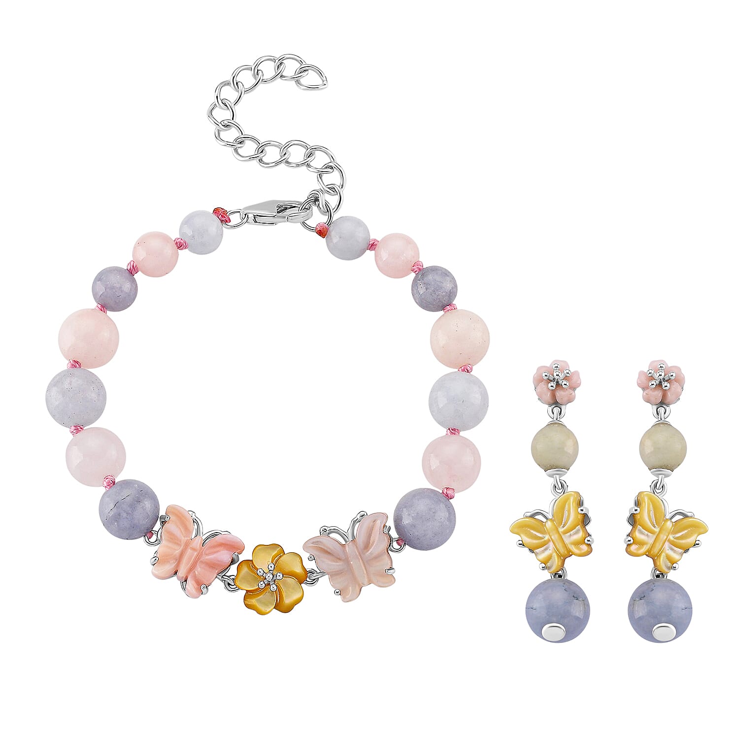 D'Joy Multi Color Mother of Pearl, Multi Beryl 78.00 ctw Bracelet (6.50-8.50In) and Earrings in Rhodium Over Sterling Silver