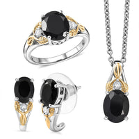 3 Piece Set - EverTrue Thai Black Spinel and White Zircon 9.50 ctw Midnight Forest Leaf Earrings, Ring  and Pendant