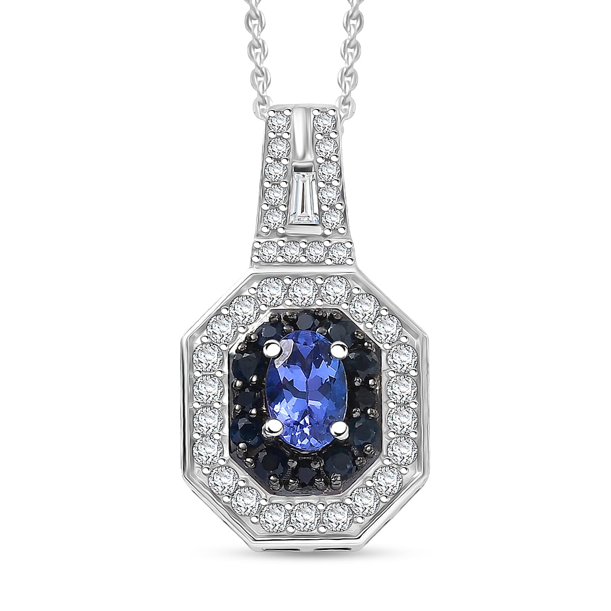 D'Joy AAA Tanzanite, Multi Gemstone Halo Pendant Necklace in Rhodium Over Sterling Silver 1.30 ctw  (20 Inches)