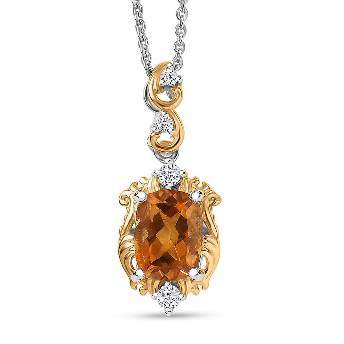 GP Royal Art Deco Collection Brazilian Citrine, Zircon Pendant Necklace in 18K Vermeil YG and Rhodium Over Sterling Silver 1.60 ctw (20 Inches)  (Del. in 12-15 Days)