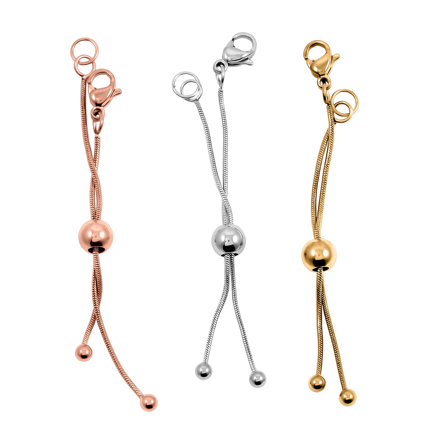 Set of 3 - 9mm Lobster Lock with Each side 2 Inch Snake Extender Chain, 6mm Adjusting Beads in ION Plated YRG and Stainless Steel