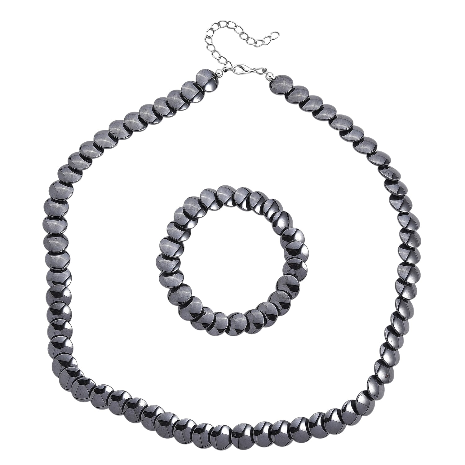 Doorbuster 2 Piece Set Hematite Beaded Stretch Bracelet (7-7.5In) and Necklace (21-23 Inches) in Silvertone 557.00 ctw