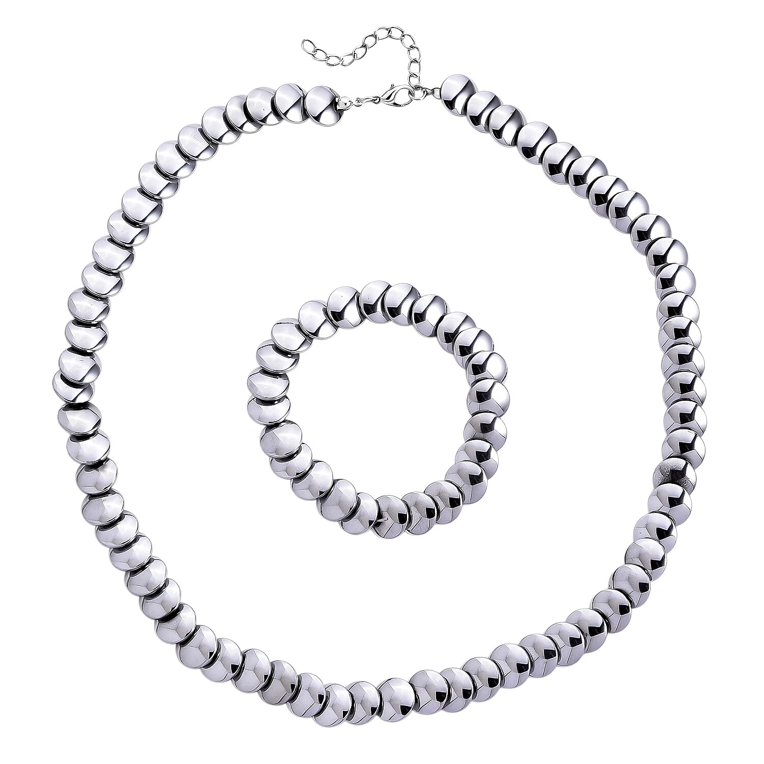 Doorbuster 2 Piece Set Hematite Beaded Stretch Bracelet (7-7.5In) and Necklace (21-23 Inches) in Silvertone 557.00 ctw