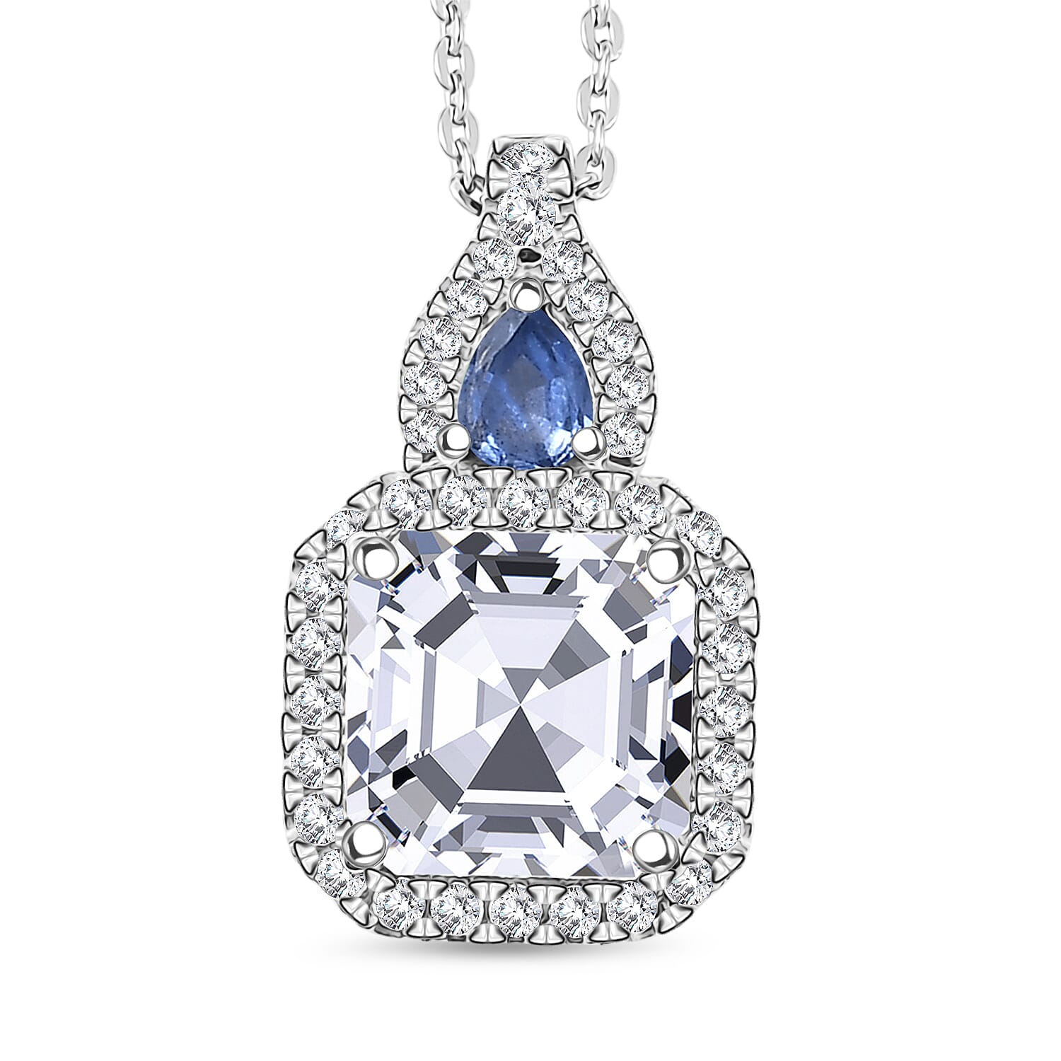 D'Joy Asscher Cut Moissanite and Ceylon Blue Sapphire 3.50 ctw Pendant Necklace in Rhodium Over Sterling Silver 20 Inches