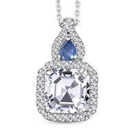 D'Joy Asscher Cut Moissanite and Ceylon Blue Sapphire 3.50 ctw Pendant Necklace in Rhodium Over Sterling Silver 20 Inches