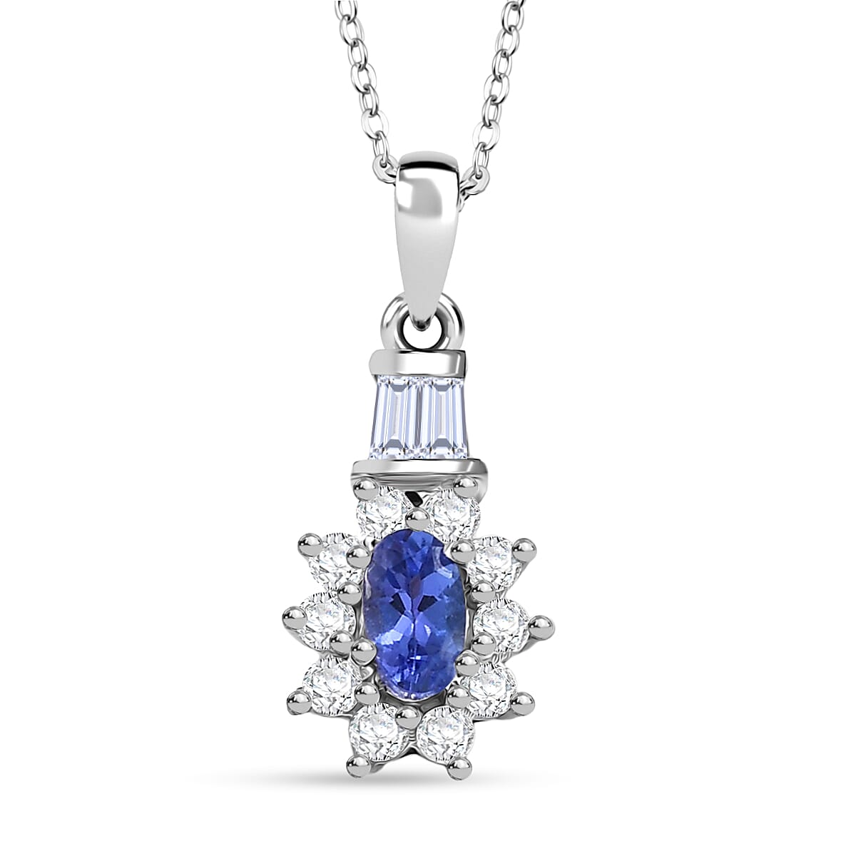 D'Joy AAA Tanzanite, Moissanite Starburst Pendant Necklace in Rhodium Over Sterling Silver 0.60 ctw (20 Inches)