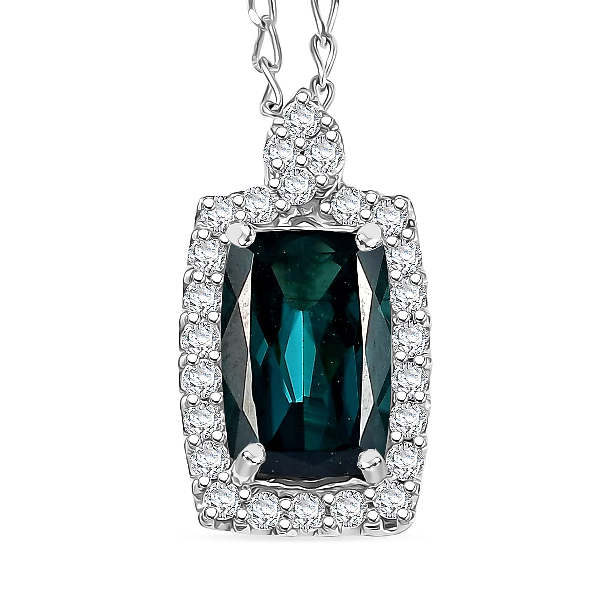 Certified & Appraised Rhapsody AAAA Monte Belo Indicolite and E-F VS Diamond 2.00 ctw Pendant Necklace in 950 Platinum 20 Inches