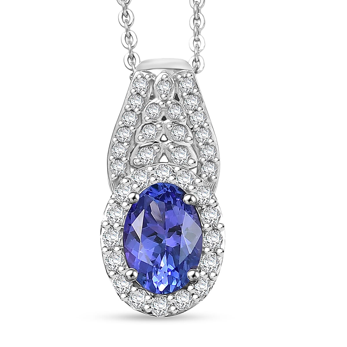 D'Joy AAA Tanzanite, Moissanite Pendant Necklace in Rhodium Over Sterling Silver 1.10 ctw (20 Inches)
