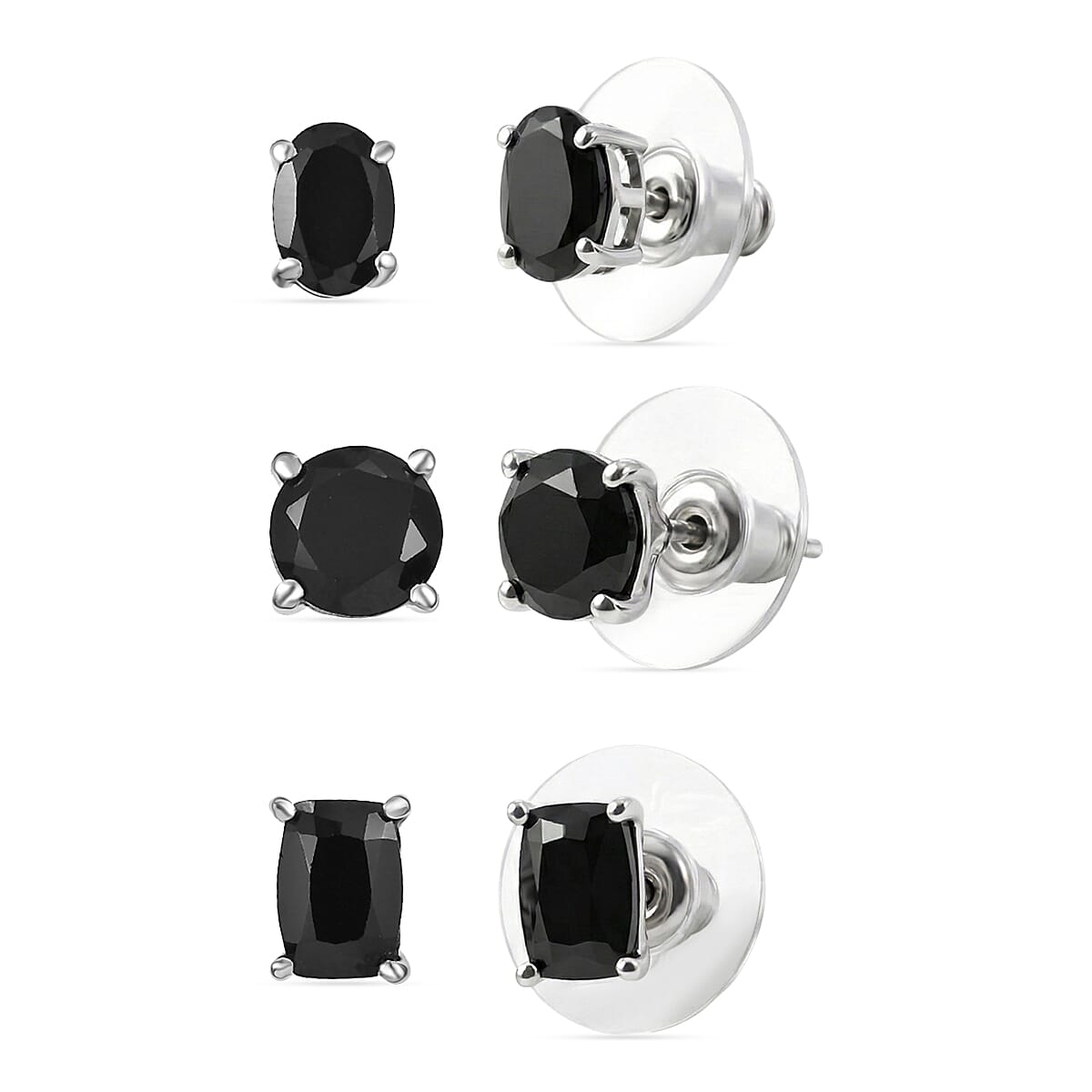 D'Joy Thai Black Spinel 7.65 ctw Set of 3 Solitaire Stud Earrings in Rhodium Over Sterling Silver