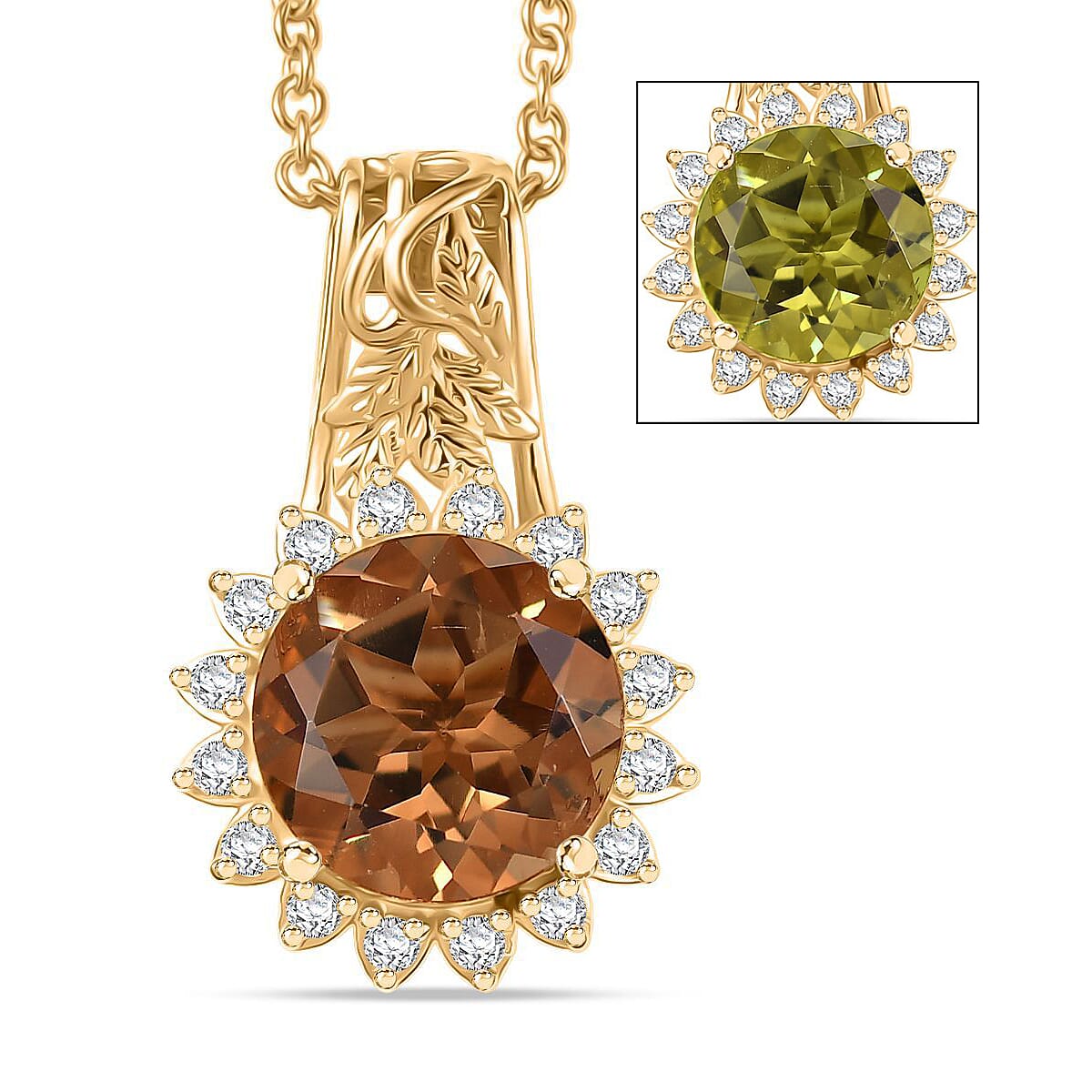 EverTrue Autumn Alexite, White Zircon Pendant in 18K YG Plated with ION Plated YG Stainless Steel Necklace 4.00 ctw (20 Inches)
