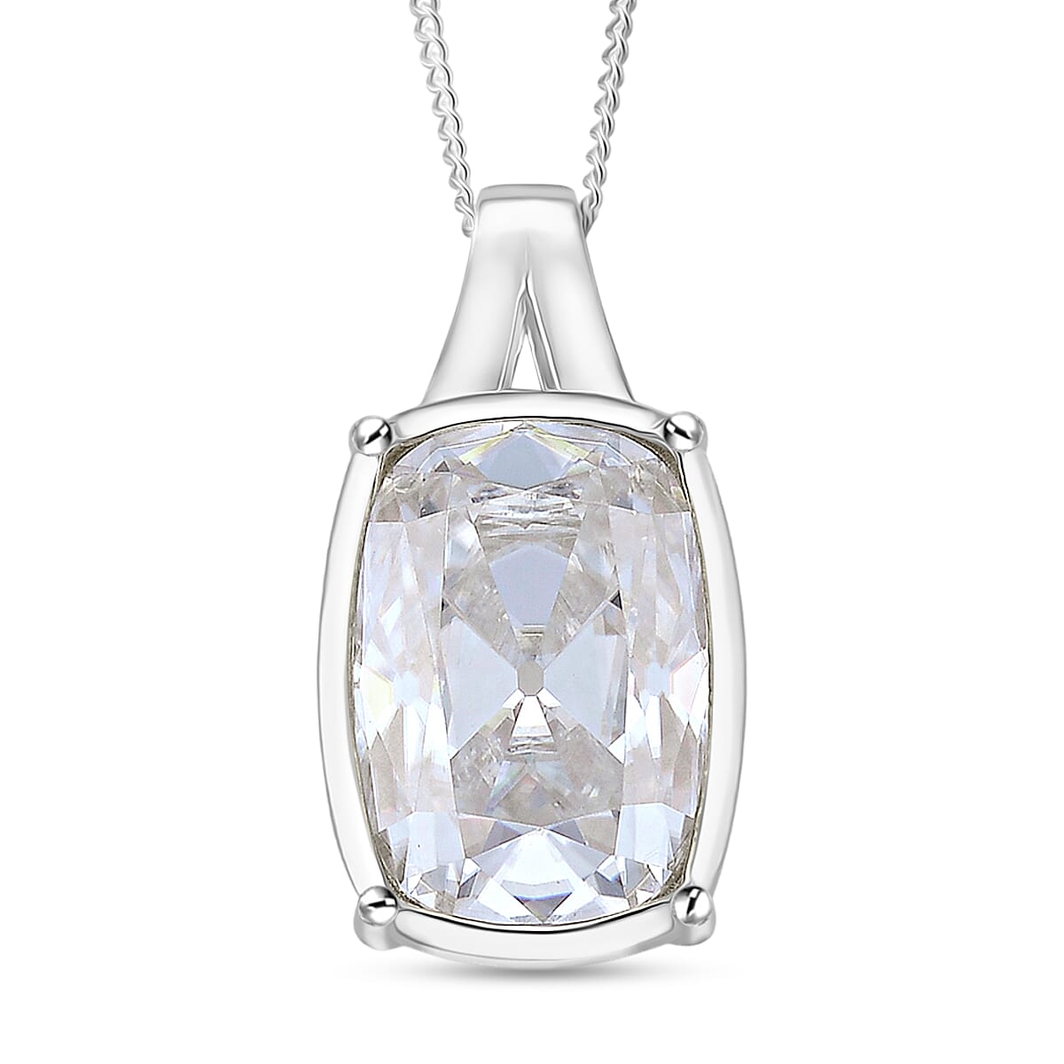 D'Joy Old Mine Cut Moissanite (Cush 16x11mm) Pendant Necklace (18 Inches) in Rhodium Over Sterling Silver 10.00 ctw
