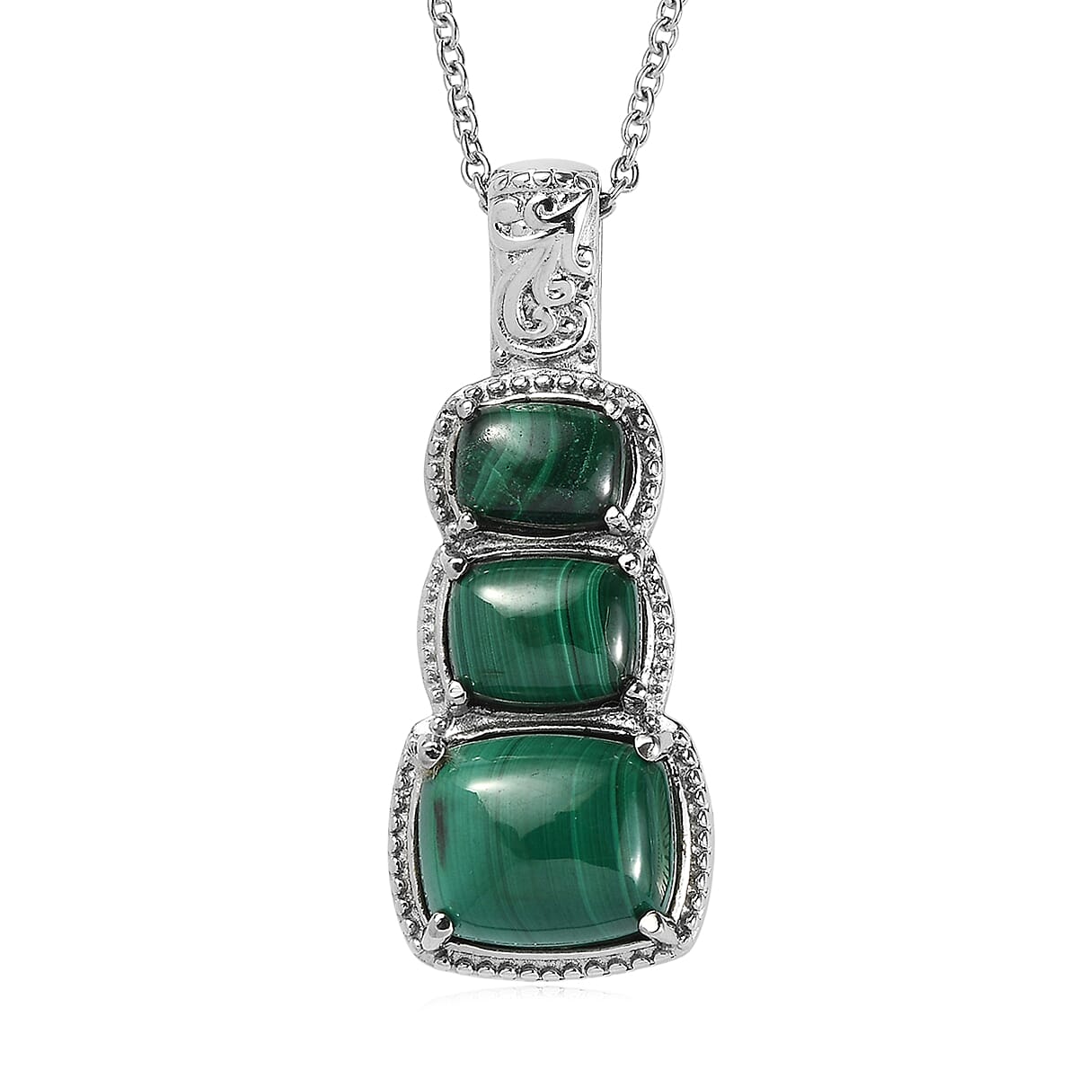 EverTrue African Malachite 13.10 ctw Pendant Necklace in Stainless Steel 20 Inches