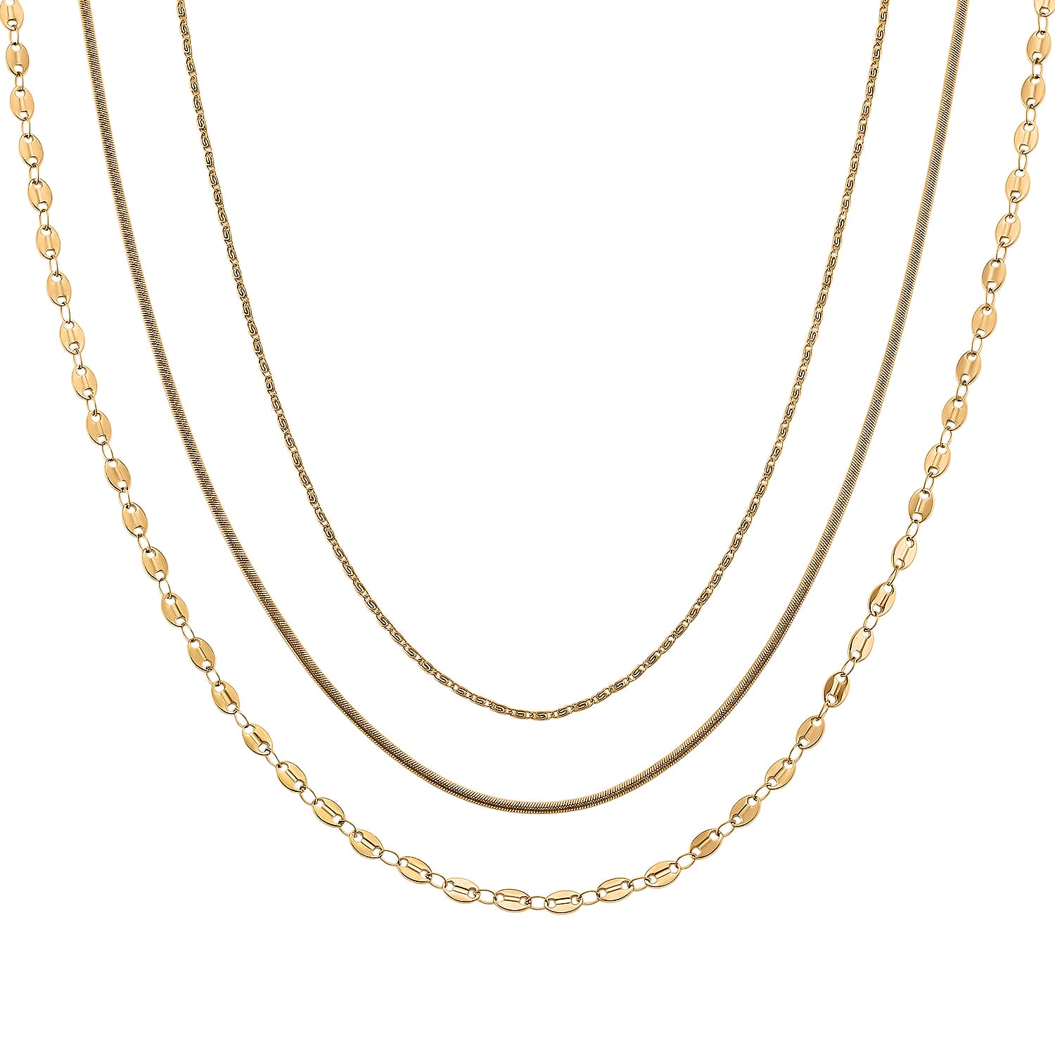 Set of 3 Chain Necklace in ION Plated YG Stainless Steel ( Link Chain, Small Link Chain and Snake Chain) ( (20-22 Inches)