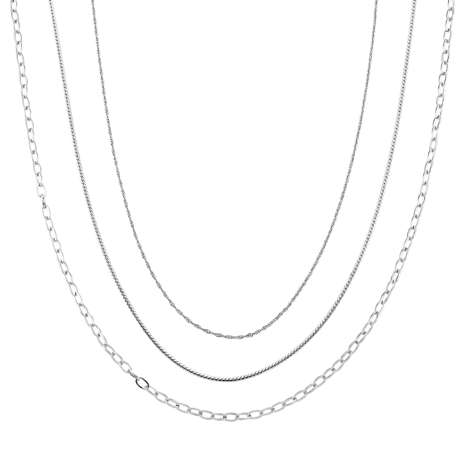 Set of 3 Fine, Link and Twisted Rope Chain Necklace in Stainless Steel 20-22 Inches