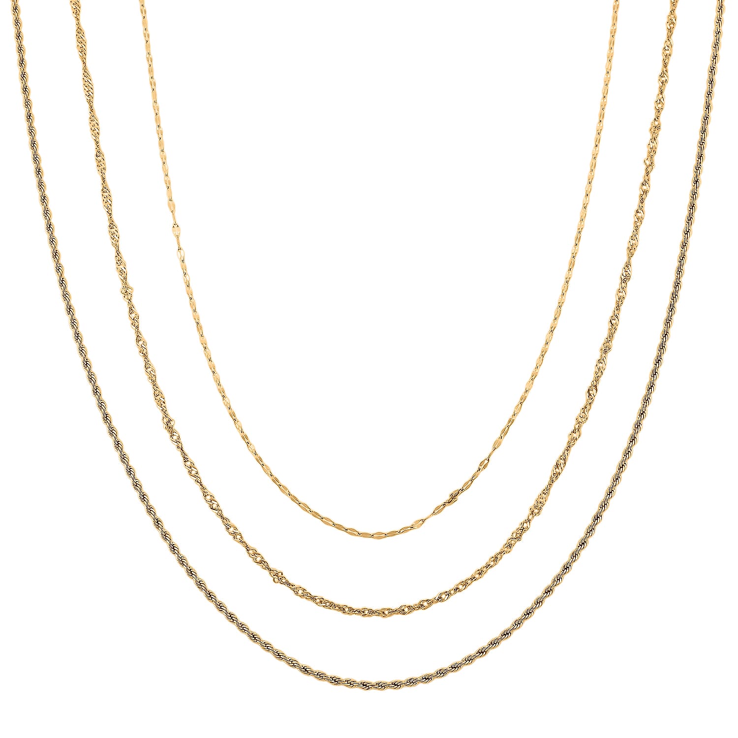 Set of 3 Chain Necklace in ION Plated YG Stainless Steel (Rope Chain, Link Chain and Cable Chain) (20-22 Inches)