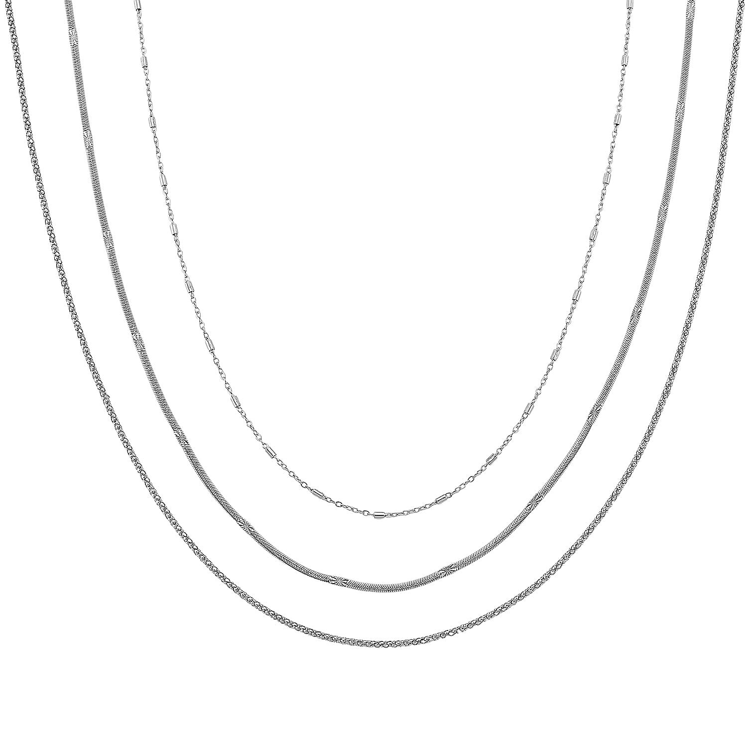 Set of 3 Snake, Link and Twisted Rope Chain Necklace in Stainless Steel 20-22 Inches