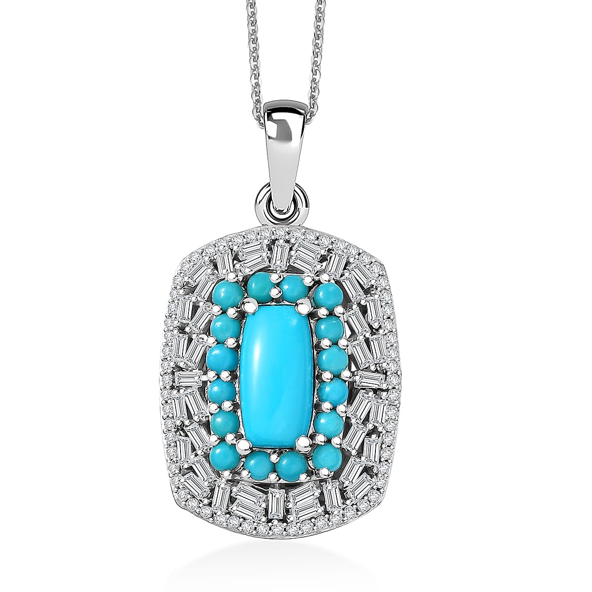 D'Joy Sleeping Beauty Turquoise, Moissanite Pendant Necklace in Rhodium Over Sterling Silver 3.25 ctw (20 Inches)