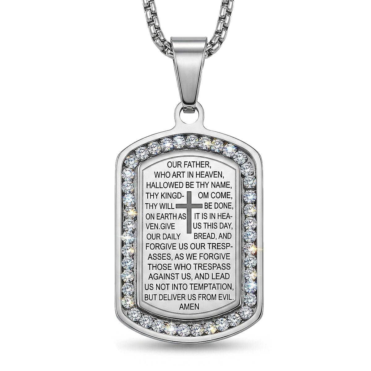 Simulated Diamond Lords Prayer Pendant Necklace (22 Inches) in Stainless Steel 0.85 ctw