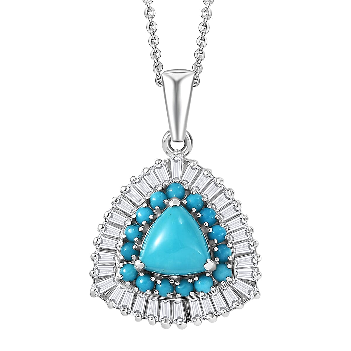 D'Joy Sleeping Beauty Turquoise, Moissanite Pendant Necklace in Rhodium Over Sterling Silver 3.35 ctw (20 Inches) (Del. in 7-10 Days)