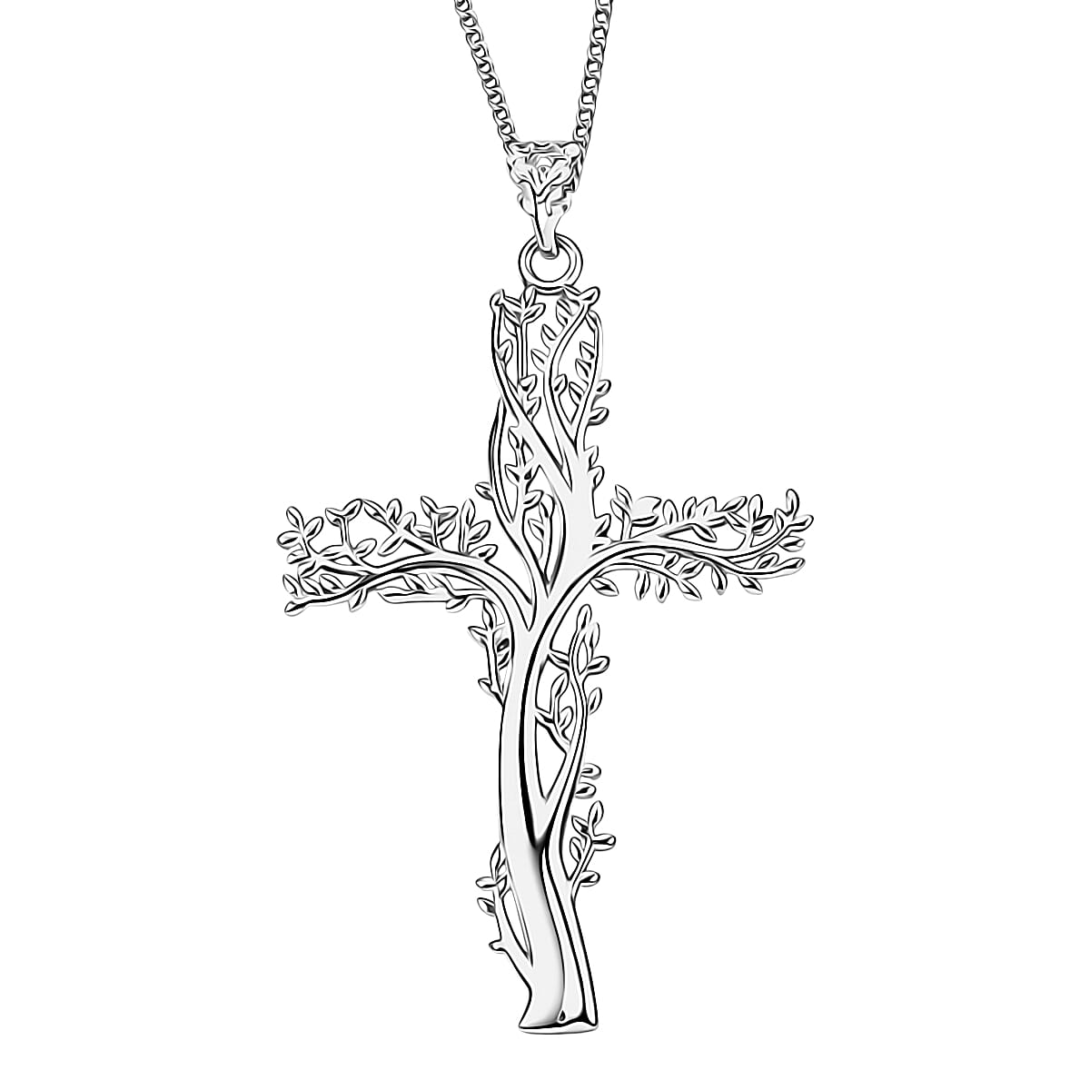 Rhodium Over Sterling Silver Tree of Life Cross Pendant with Stainless Steel Necklace (20 Inches)