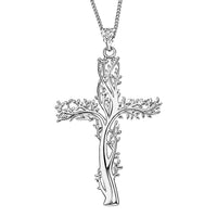 Rhodium Over Sterling Silver Tree of Life Cross Pendant with Stainless Steel Necklace (20 Inches)
