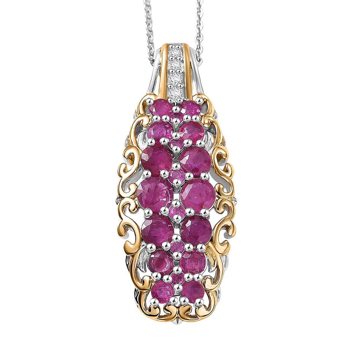 D'Joy Kagem Zambian Emerald, White Zircon Pendant Necklace (20 Inches) in 18K Vermeil YG and Rhodium Over Sterling Silver 1.90 ctw