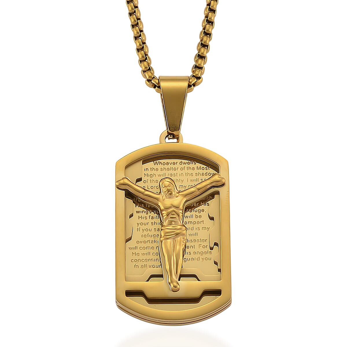 Psalm 91 Crucifix Pendant Necklace (23.5 Inches) in ION Plated YG Stainless Steel