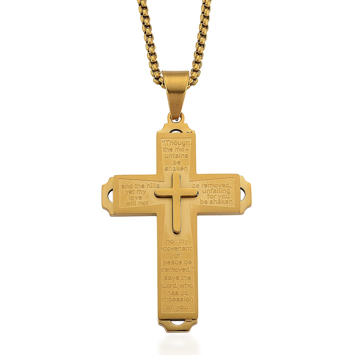 Isaiah Verse Cross Pendant Necklace (23.5 Inches) in ION Plated YG Stainless Steel