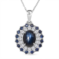 D'Joy Premium Blue Star Sapphire (DF), Multi Gemstone Celestial Bloom Pendant Necklace (20 Inches) in Rhodium Over Sterling Silver 6.20 ctw