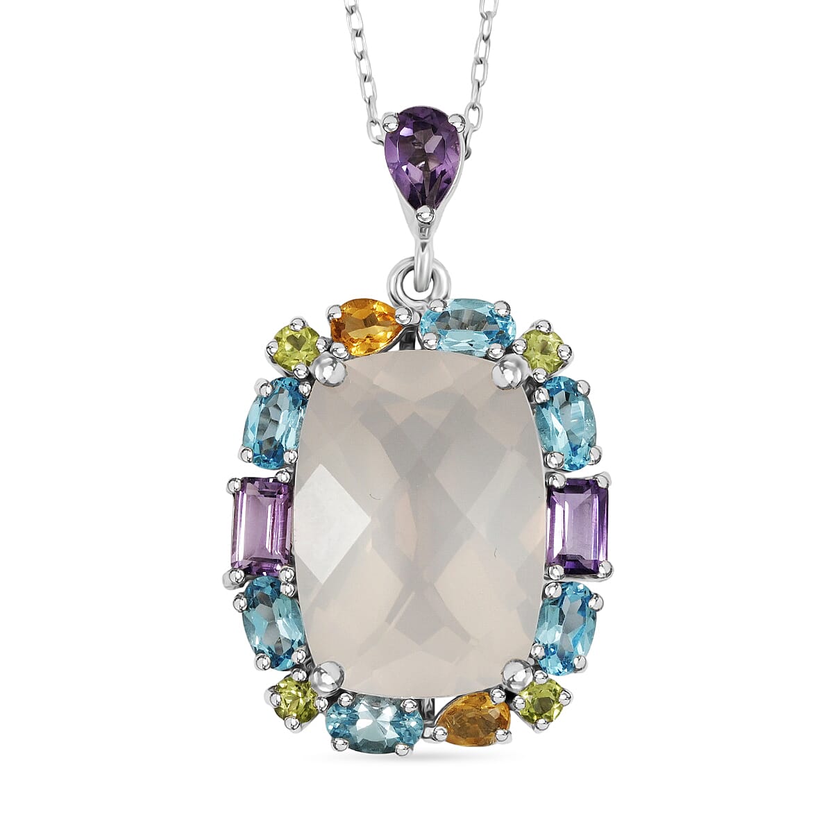 Pink Quartz with Multi Color Quartz 15.50 ctw Pendant Necklace 18 Inches in Rhodium Over Sterling Silver