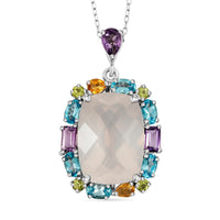Pink Quartz with Multi Color Quartz 15.50 ctw Pendant Necklace 18 Inches in Rhodium Over Sterling Silver