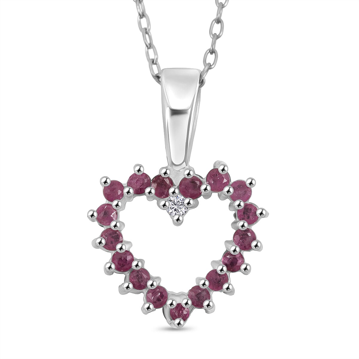 Simulated Ruby and Simulated Sapphire Diamond Pendant Necklace (18 Inches) in Rhodium Over Sterling Silver 0.18 ctw