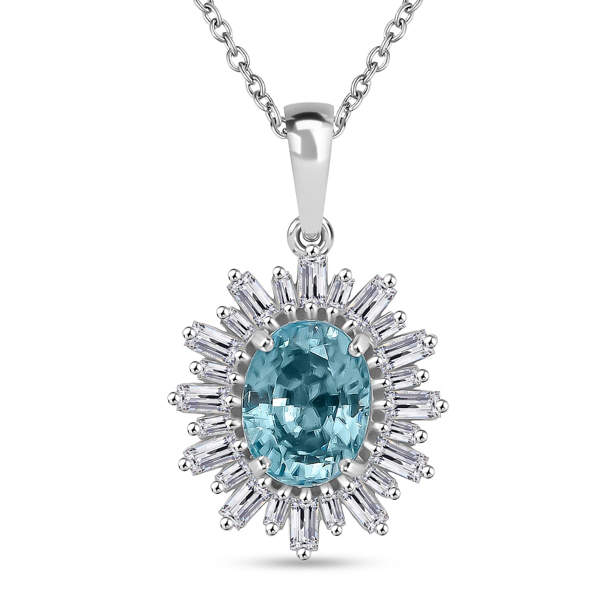 D'Joy Cambodian Blue Zircon and Moissanite 4.50 ctw Stellar Bloom Pendant Necklace in Rhodium Over Sterling Silver 20 Inches