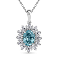 D'Joy Cambodian Blue Zircon and Moissanite 4.50 ctw Stellar Bloom Pendant Necklace in Rhodium Over Sterling Silver 20 Inches