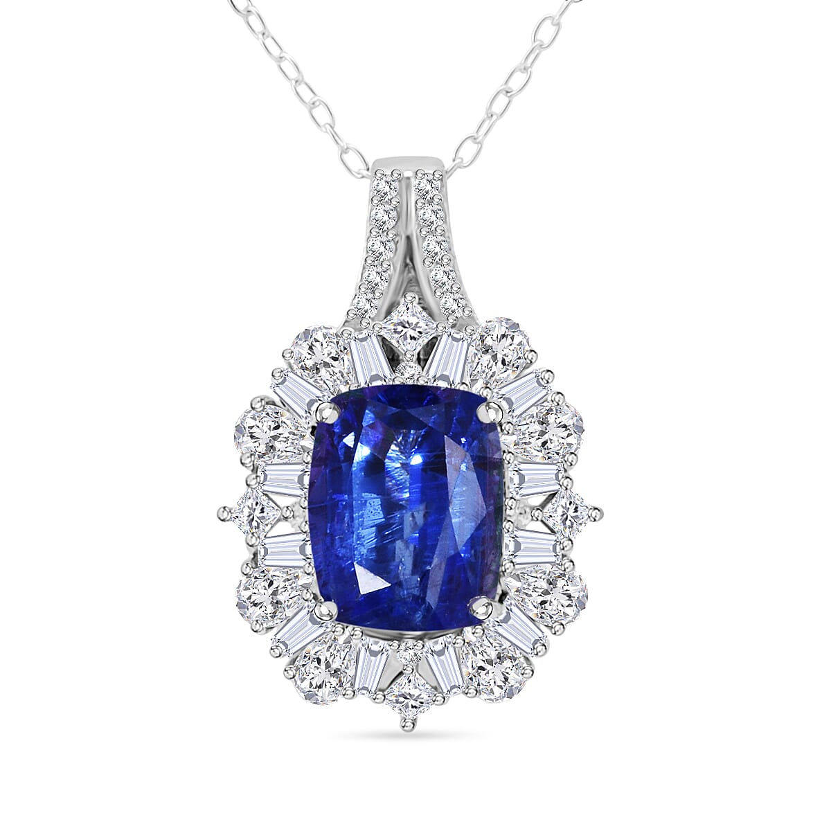 D'Joy Kashmir Kyanite, White Zircon Pendant Necklace (20 Inches) in Rhodium Over Sterling Silver 4.35 ctw