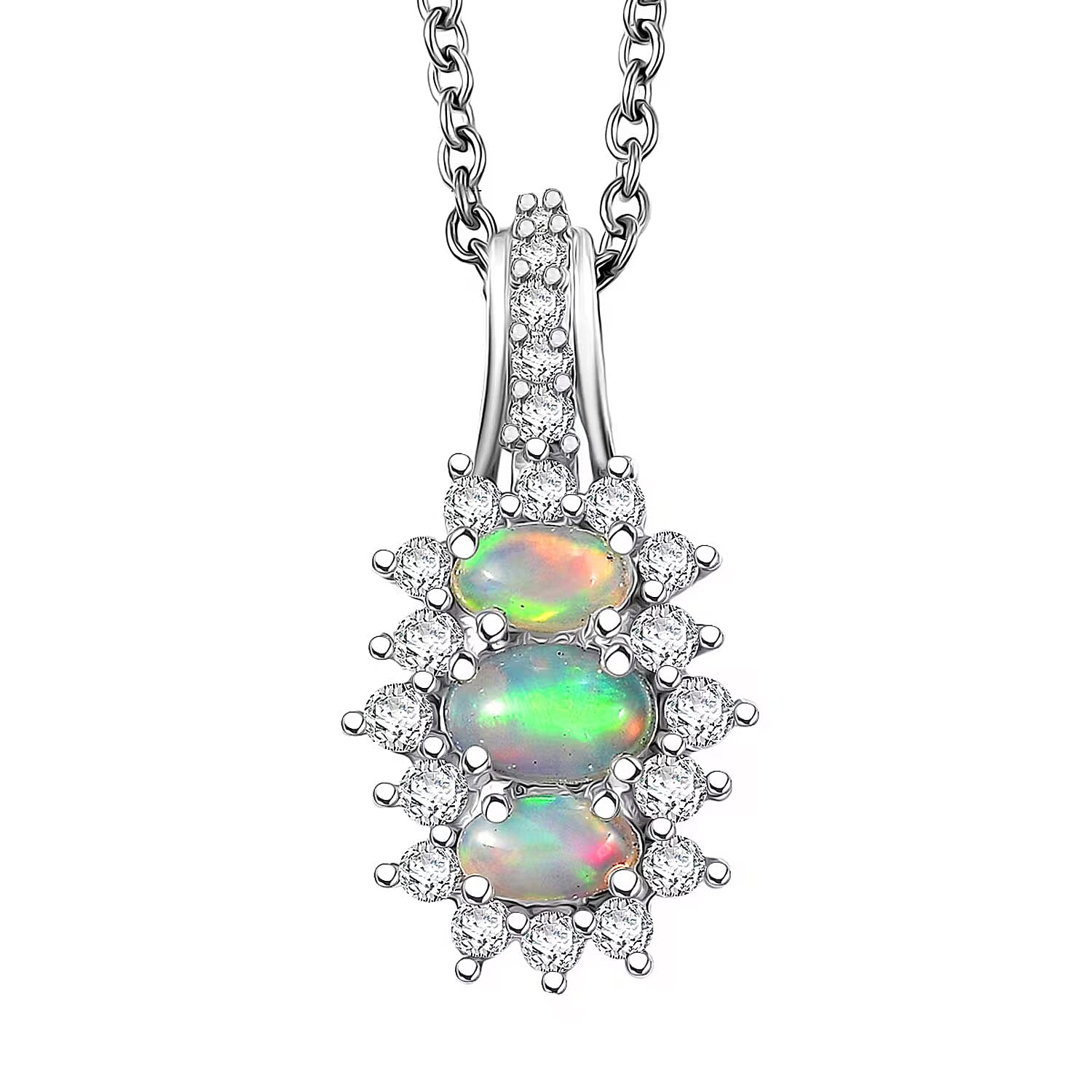D'Joy Ethiopian Welo Opal, White Zircon Pendant Necklace in Platinum Over Sterling Silver 1.40 ctw (20 Inches)