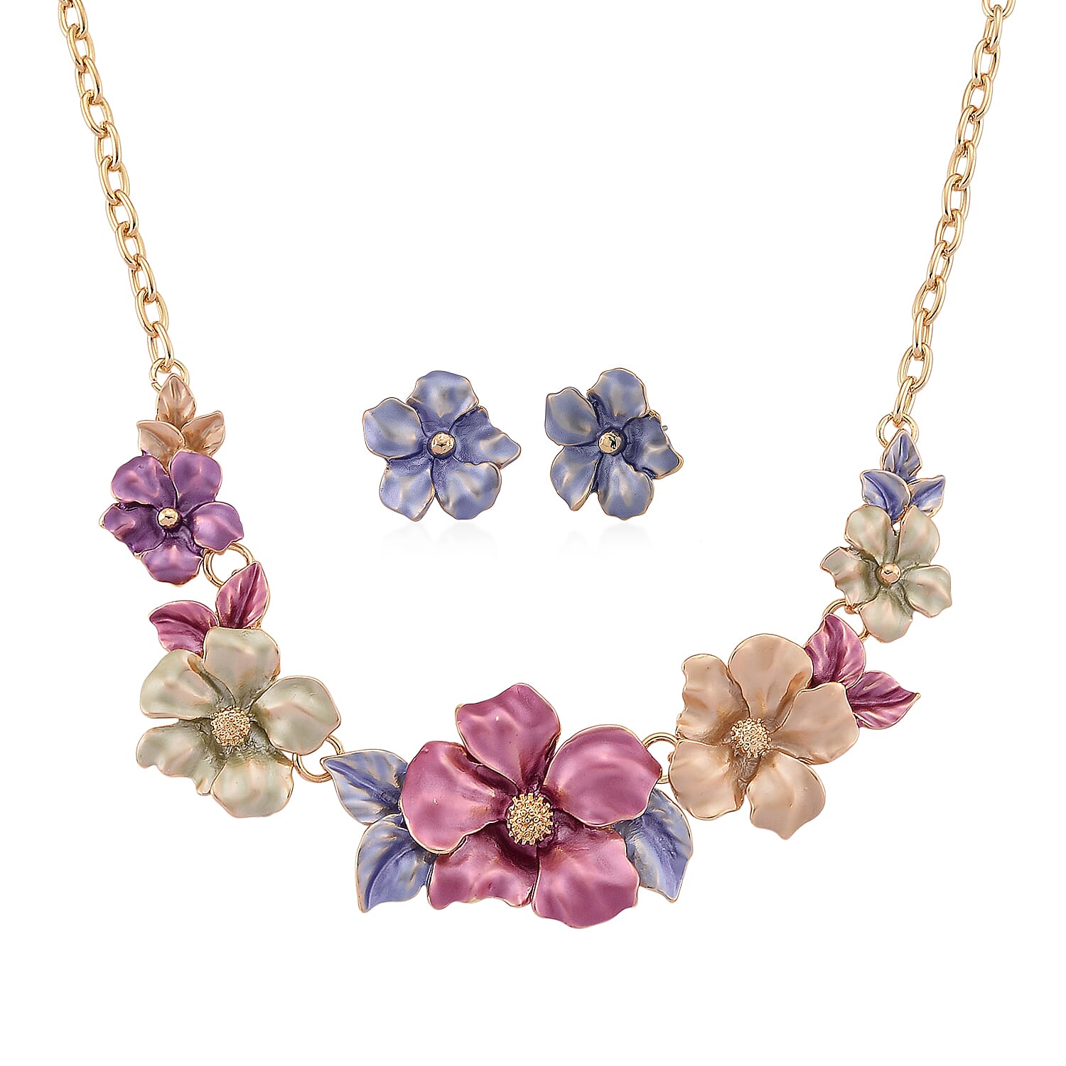 Ankur's Treasure Chest Deal Multi Color Enameled Viola Floral Necklace (20.5-22.5 Inches) and Earrings in Goldtone