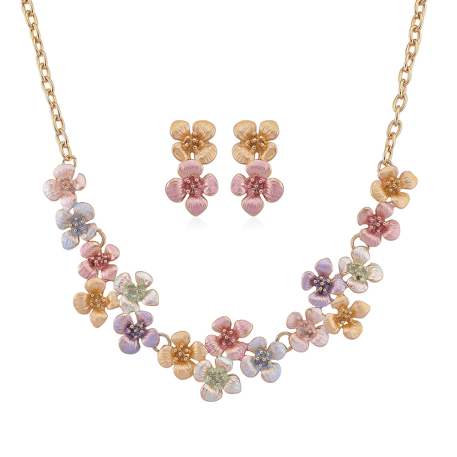 Ankur's Treasure Chest Deal Multi Color Enameled Light Cherry Blossom Necklace (20.5-22.5 Inches) and Earrings in Goldtone